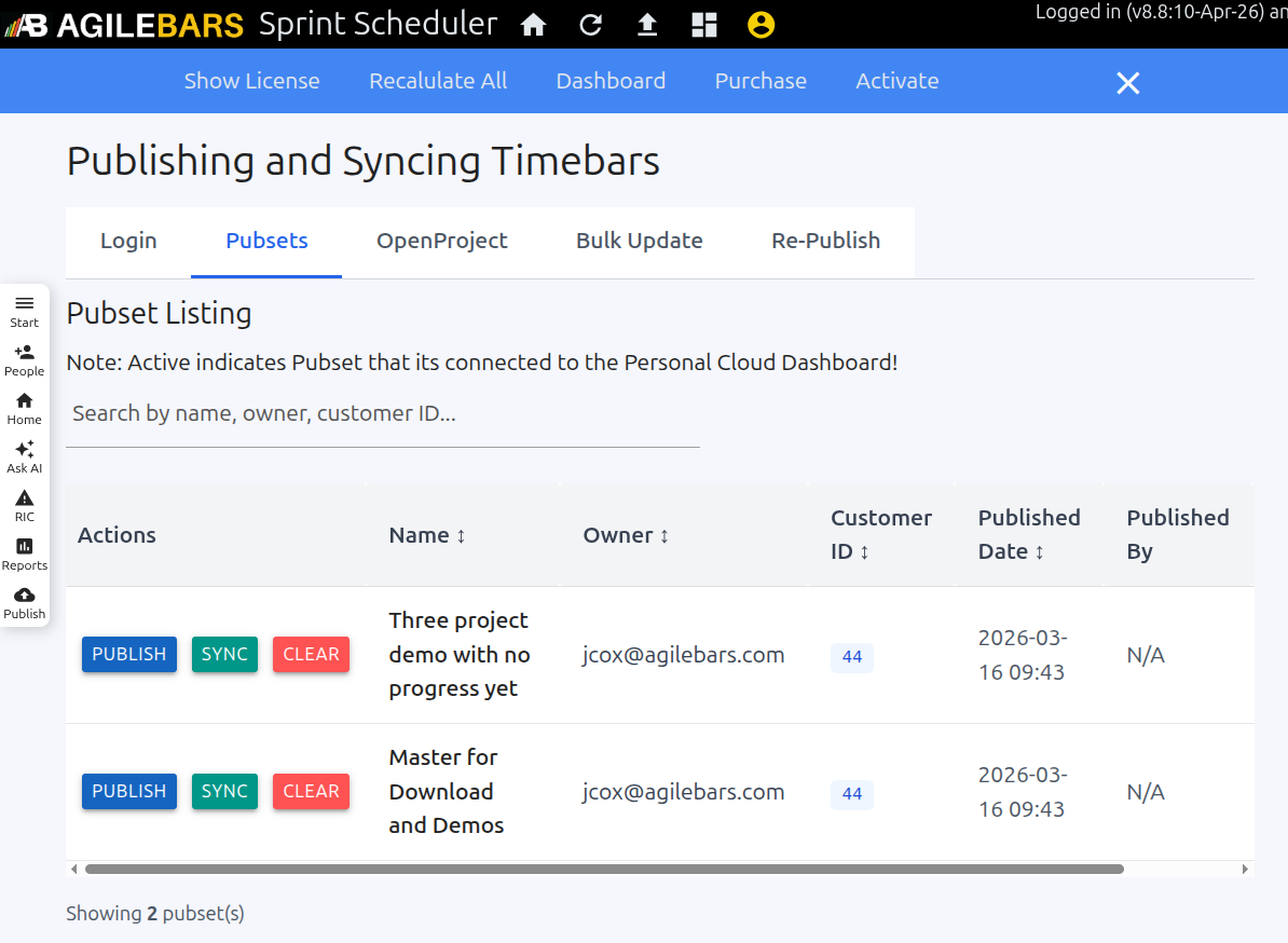 Agilebars cloud dashboard publishing interface