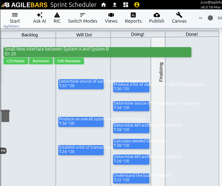 Agilebars agile sprint scheduler showing a Kanban board and sprint timescale