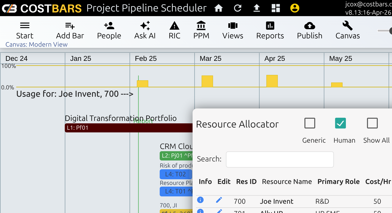 Costbars project portfolio management showing resource demand and portfolio scoring